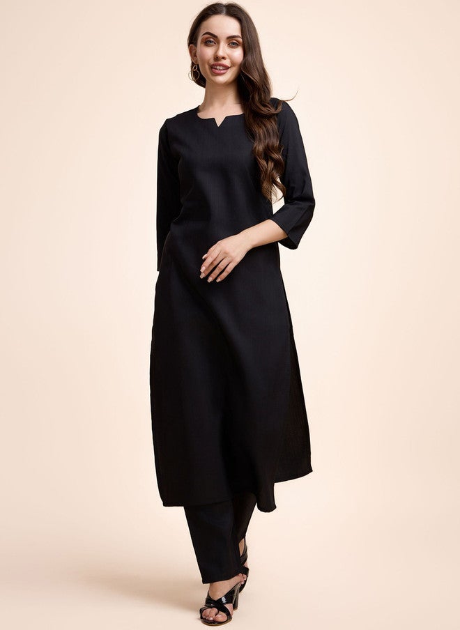 Women Basket Women Bandhani Solid Black Kurta with Trousers - Calf Length, Three-Quarter Sleeves - Image 5