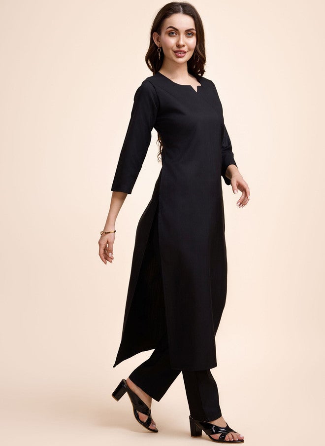 Women Basket Women Bandhani Solid Black Kurta with Trousers - Calf Length, Three-Quarter Sleeves - Image 3