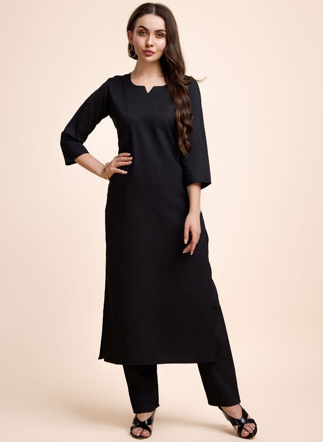 Women Basket Women Bandhani Solid Black Kurta with Trousers - Calf Length, Three-Quarter Sleeves - Image 1