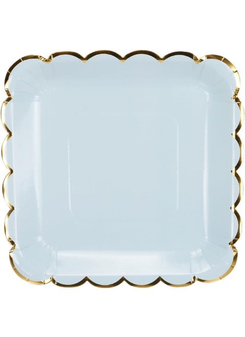 Geeklife Square Paper Plates with Sparkly Scalloped Gold Foil Border, 9 inch Paper Dessert Plates, Light Blue Decorative Party Plates Set, 20 count