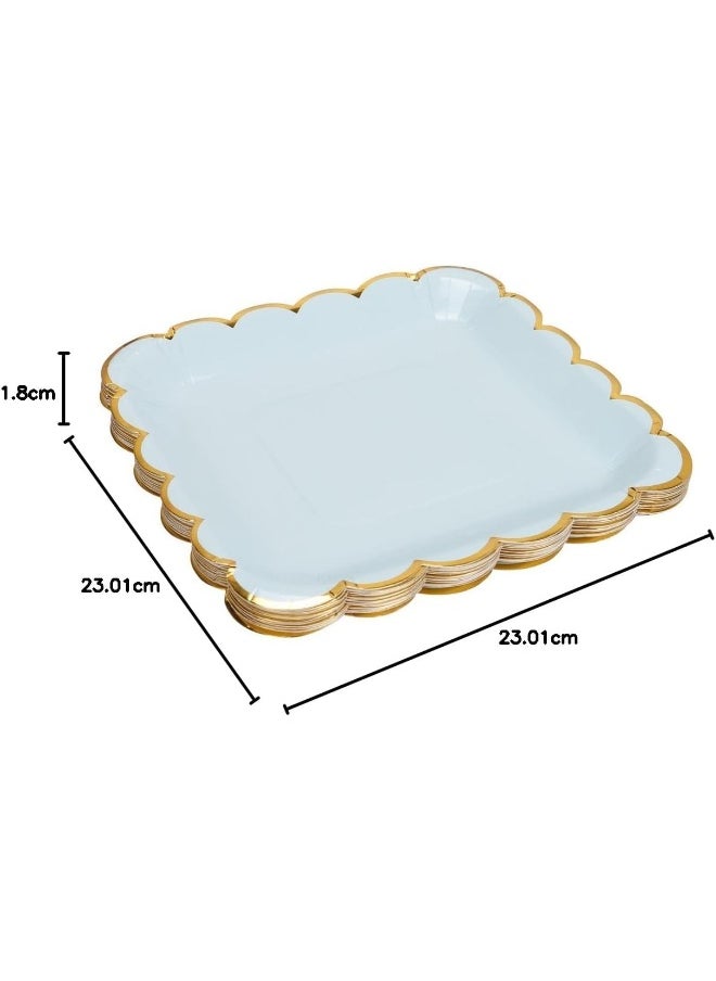 Geeklife Square Paper Plates with Sparkly Scalloped Gold Foil Border, 9 inch Paper Dessert Plates, Light Blue Decorative Party Plates Set, 20 count