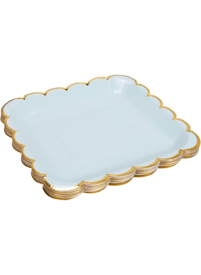 Geeklife Square Paper Plates with Sparkly Scalloped Gold Foil Border, 9 inch Paper Dessert Plates, Light Blue Decorative Party Plates Set, 20 count