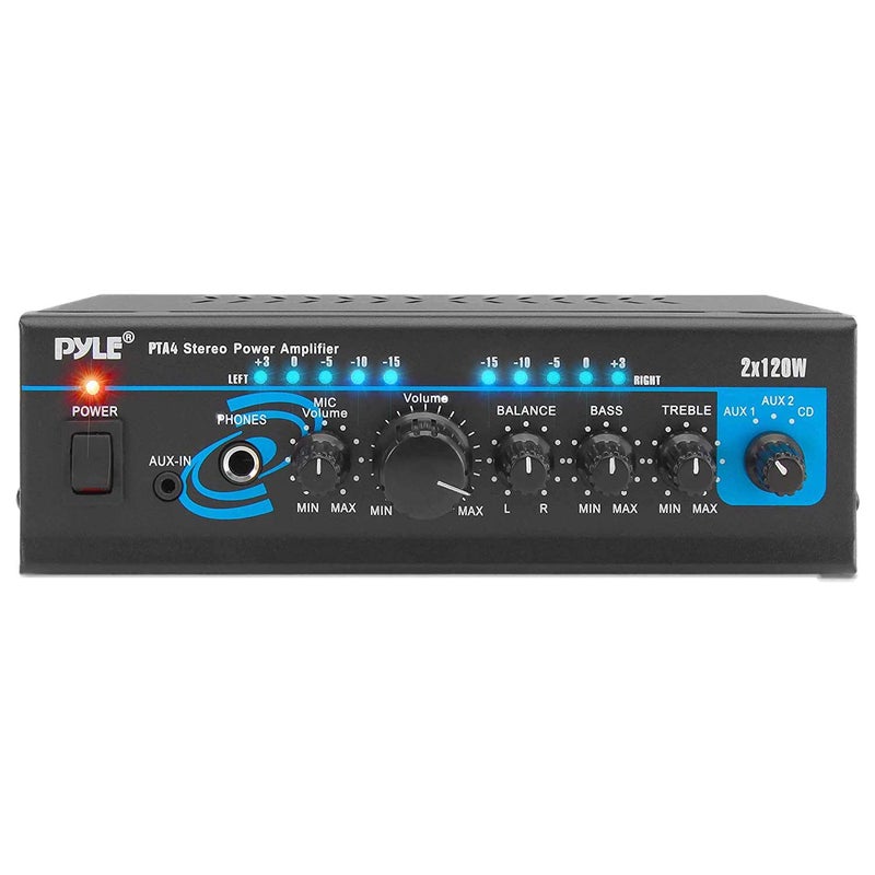 Pyle Home Audio Power Amplifier System with Bluetooth - 2X120W Mini Dual Channel Mixer Sound Stereo Receiver Box w/ RCA, AUX, Mic Input, For Amplified Speakers, PA, Theater, Studio Use - PTA4 - Image 1