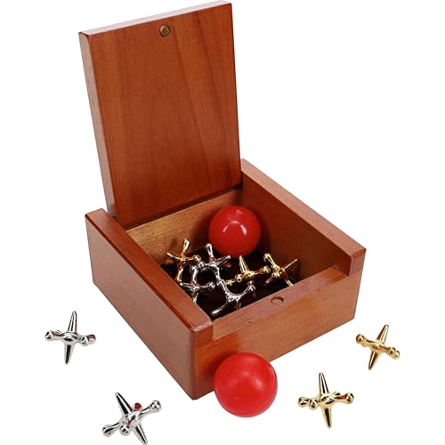 WE Games Metal Jacks Set Classic Jacks Game with 2 Red Balls in Keepsake Wooden Box Nostalgic Floor Game - Image 1