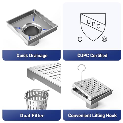 Bernkot Square Shower Drain 4", 304 Stainless Steel Floor Drain with Grid Drain Cover & Hair Strainer, Retrofit Shower Drain w/CUPC Certified, Brushed - Image 4
