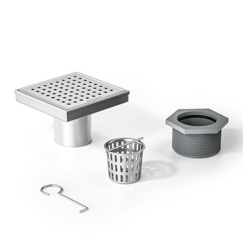 Bernkot Square Shower Drain 4", 304 Stainless Steel Floor Drain with Grid Drain Cover & Hair Strainer, Retrofit Shower Drain w/CUPC Certified, Brushed - Image 1
