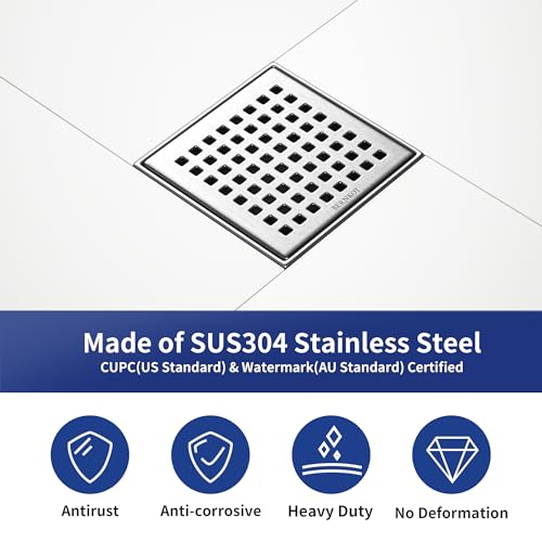 Bernkot Square Shower Drain 4", 304 Stainless Steel Floor Drain with Grid Drain Cover & Hair Strainer, Retrofit Shower Drain w/CUPC Certified, Brushed - Image 5
