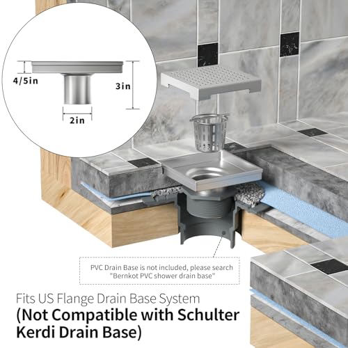 Bernkot Square Shower Drain 4", 304 Stainless Steel Floor Drain with Grid Drain Cover & Hair Strainer, Retrofit Shower Drain w/CUPC Certified, Brushed - Image 2