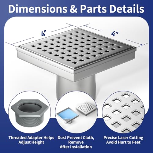 Bernkot Square Shower Drain 4", 304 Stainless Steel Floor Drain with Grid Drain Cover & Hair Strainer, Retrofit Shower Drain w/CUPC Certified, Brushed - Image 3