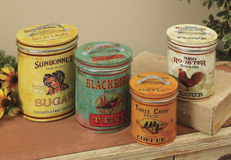Gerson Set of 4 Large Vintage Antique Style Round Metal Nesting Kitchen Canisters with Lids Sugar Tea Coffee and Flour - Image 2