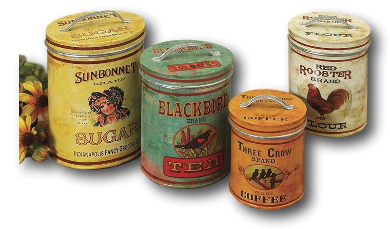 Gerson Set of 4 Large Vintage Antique Style Round Metal Nesting Kitchen Canisters with Lids Sugar Tea Coffee and Flour - Image 1