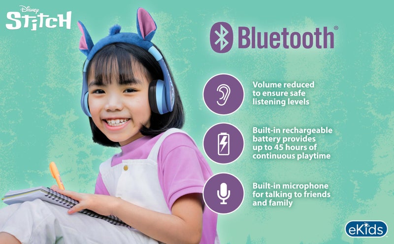eKids Disney Stitch Bluetooth Headphones for Kids, Wireless Headphones with Microphone Includes Aux Cord (Stitch) - Image 2