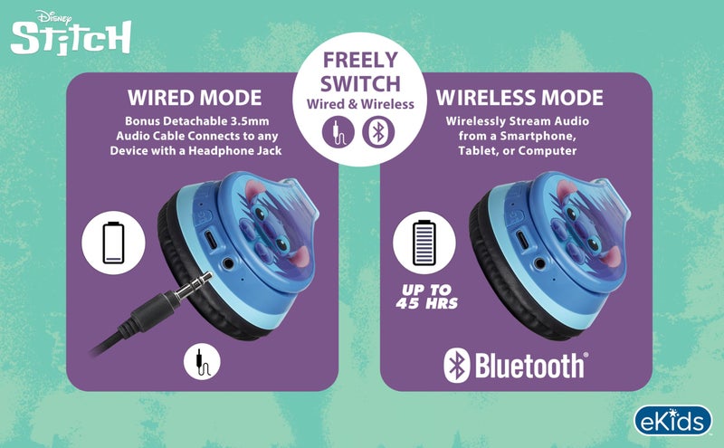 eKids Disney Stitch Bluetooth Headphones for Kids, Wireless Headphones with Microphone Includes Aux Cord (Stitch) - Image 4