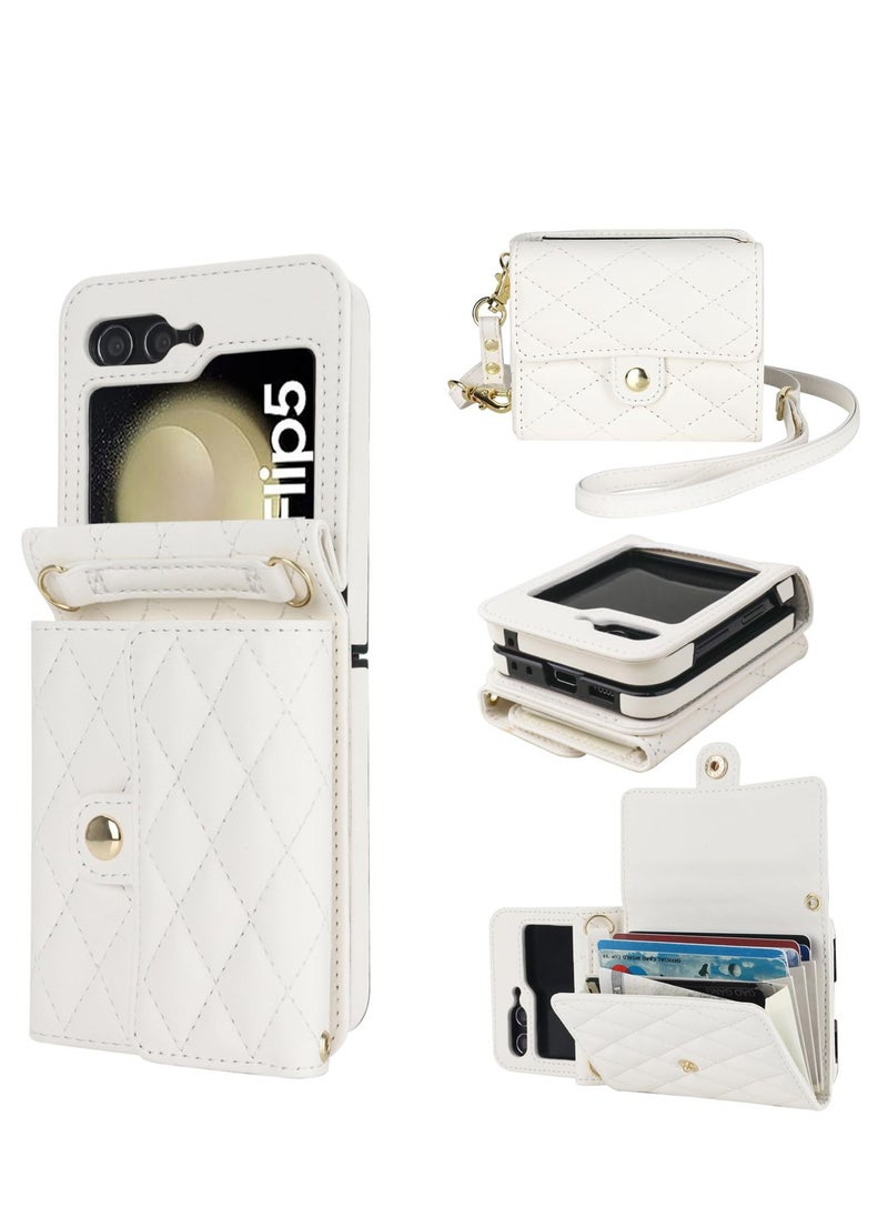 Excefore for Samsung Galaxy Z Flip 5 Wallet Case, Crossbody Purse with Credit Card Slot Holder RFID Blocking PU Leather Phone Case, Adjustable Lanyard Detachable Strap Wrist, for Galaxy Z Flip5 (White)  - Image 1