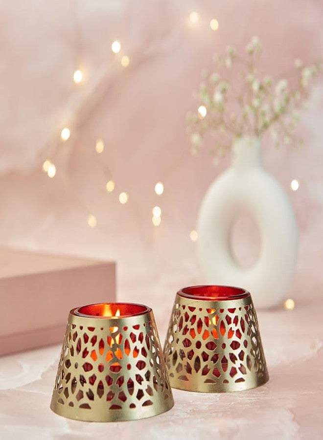 THE GIFT STUDIO.COM Tealight Holders Set of 2 Decorative Metal with Petal Cutwork Design, Gold Finish for Home Decor, Festivals & Gifting - Image 1