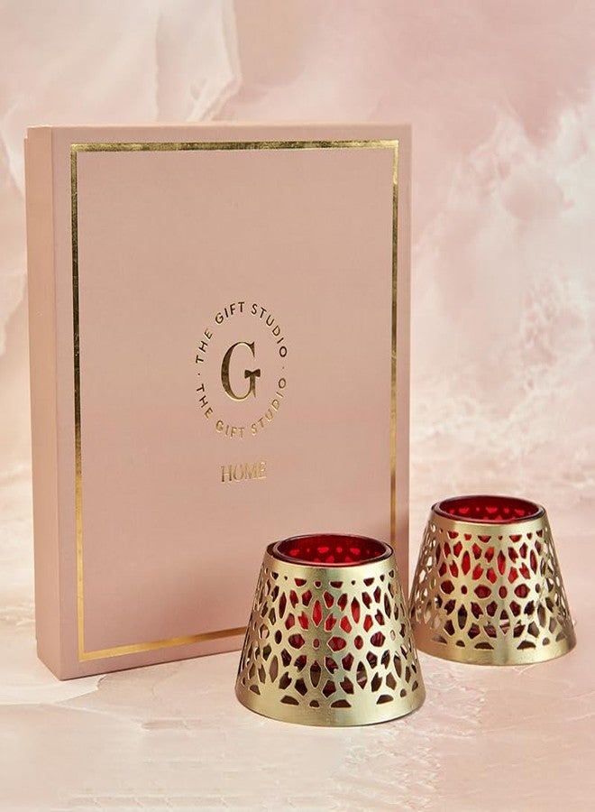 THE GIFT STUDIO.COM Tealight Holders Set of 2 Decorative Metal with Petal Cutwork Design, Gold Finish for Home Decor, Festivals & Gifting - Image 2