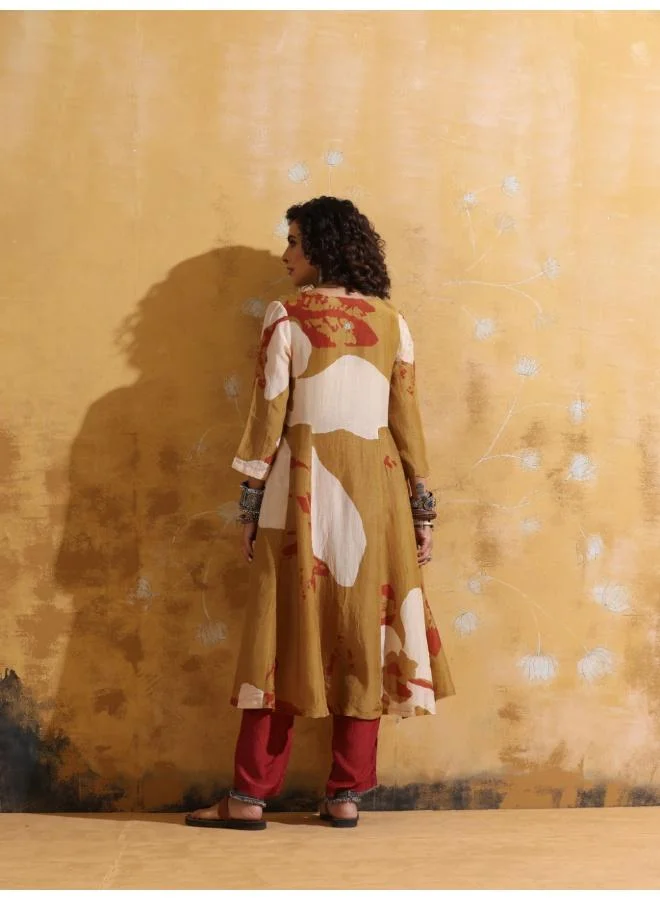 ترو برونز trueBrowns Mustard Rust Red Floral Print Muslin Silk Fit And Flared Kurta Set
