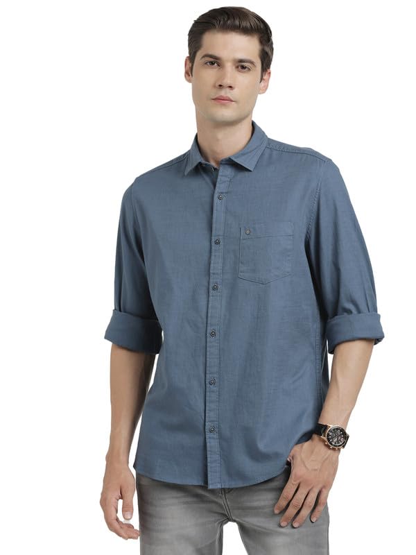 Turtle Men 100% Cotton Slim Fit Blue Solid Full Sleeve Casual Shirt - Image 1
