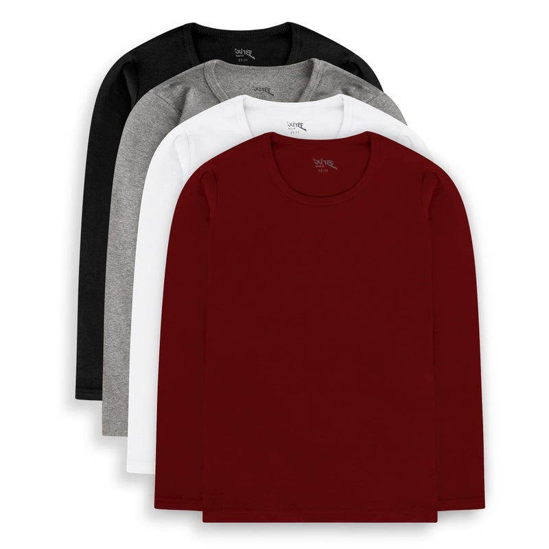 Brix Boys' Long Sleeve Tees - Tagless Crewneck Cotton Soft 4-pk Shirts. 2-20 (3-4T, Black, White, Grey, Marron) - Image 1