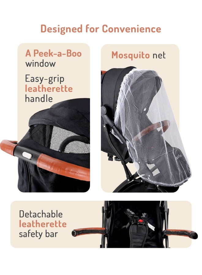 Bonfino Runway Cabin Stroller with 5 Point Safety Harness, Adjustable Canopy and 360 Degree Swivel Front Wheels, 0 to 3 Years, 66 x 48 x 98 cm - Copper and Black - Image 5