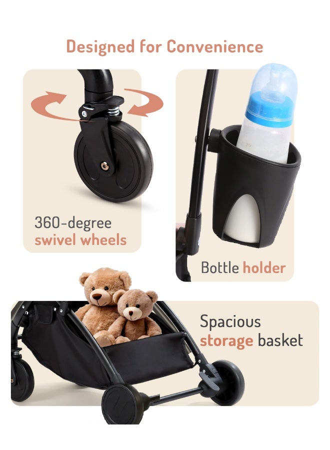 Bonfino Runway Cabin Stroller with 5 Point Safety Harness, Adjustable Canopy and 360 Degree Swivel Front Wheels, 0 to 3 Years, 66 x 48 x 98 cm - Copper and Black - Image 4