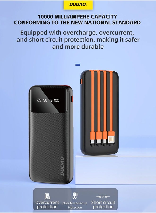 DUDAO - 10000 mAh Power Bank, Built-In 4 Hidden Cable (USB, Lightning, MICRO, TYPE-C), Cable Detachable Design, with LED Digital Display - Image 1