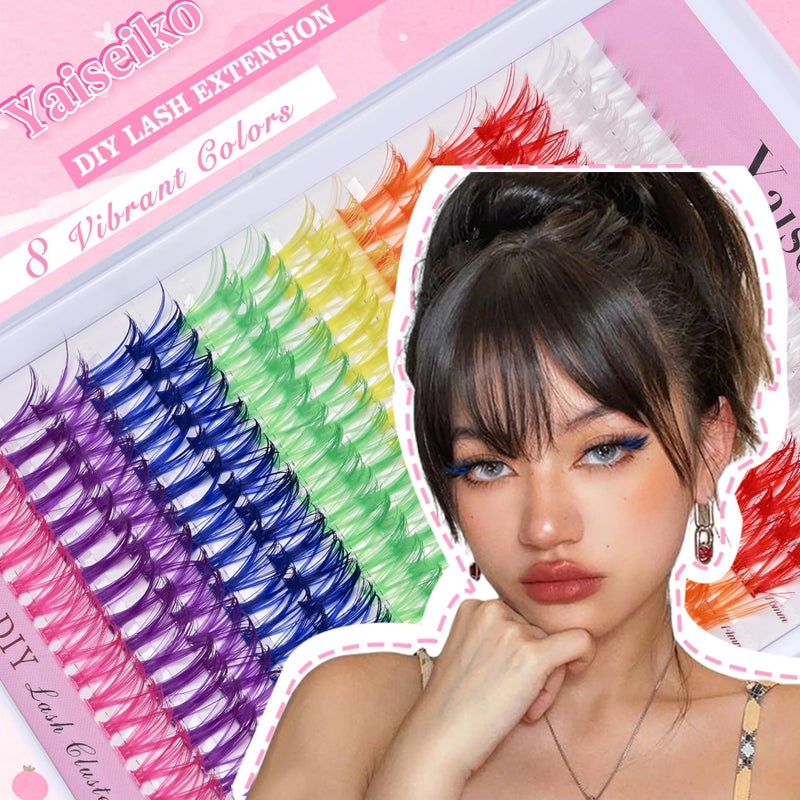Yaiseiko Colored Lash Clusters 300Pcs Individual Lashes D Curl 14mm/16mm Mixed 8 Colors Rainbow DIY Eyelash Extension Colorful Cluster Lashes with White Eyelash Clusters Pack - Image 5