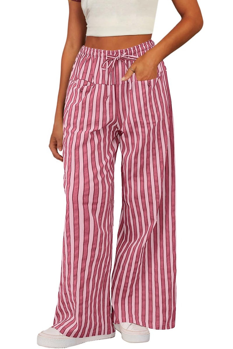 Acelitt Womens Casual Striped Color Block Pants Drawstring Elastic Waist 2026 Winter Fashion Comfy Loose Wide Leg Pants Trousers with Pockets Pink XL - Image 2
