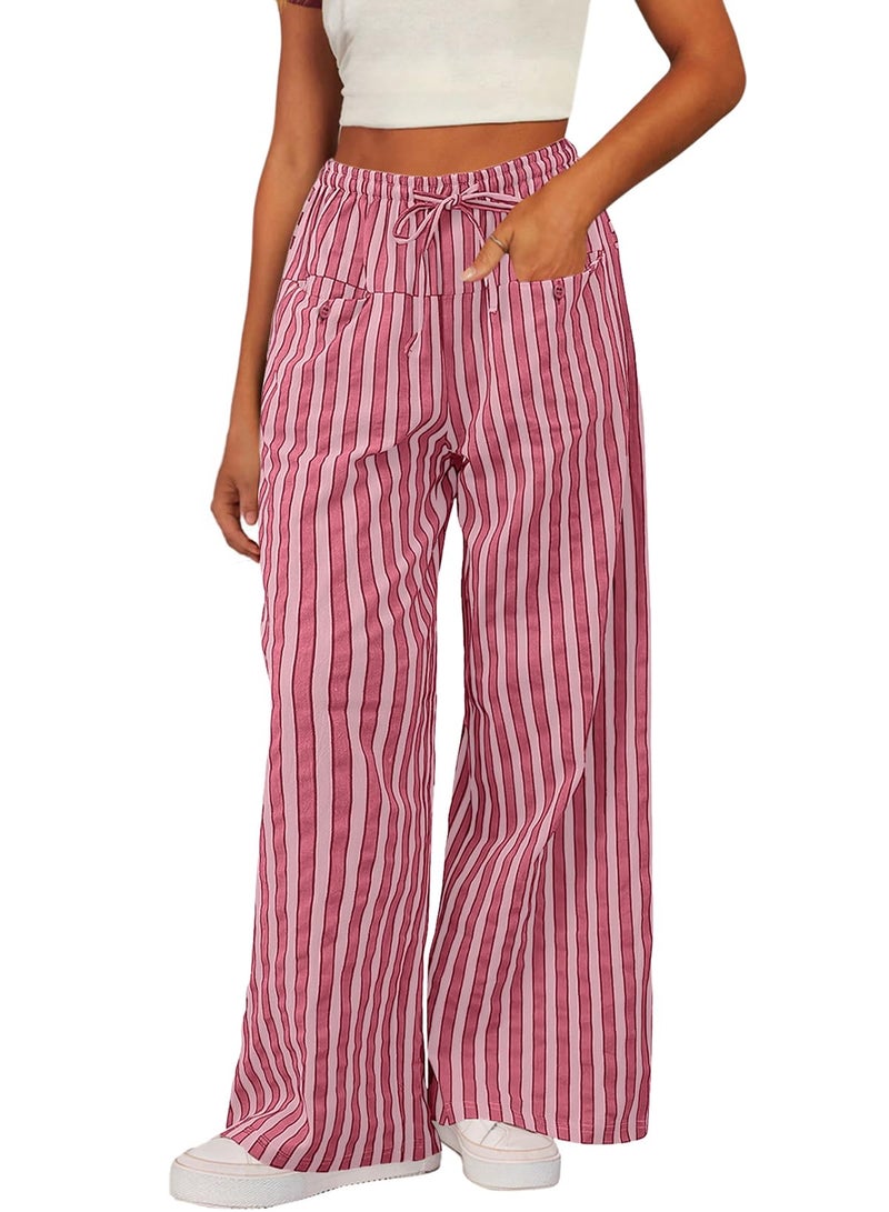 Acelitt Womens Casual Striped Color Block Pants Drawstring Elastic Waist 2026 Winter Fashion Comfy Loose Wide Leg Pants Trousers with Pockets Pink XL - Image 1