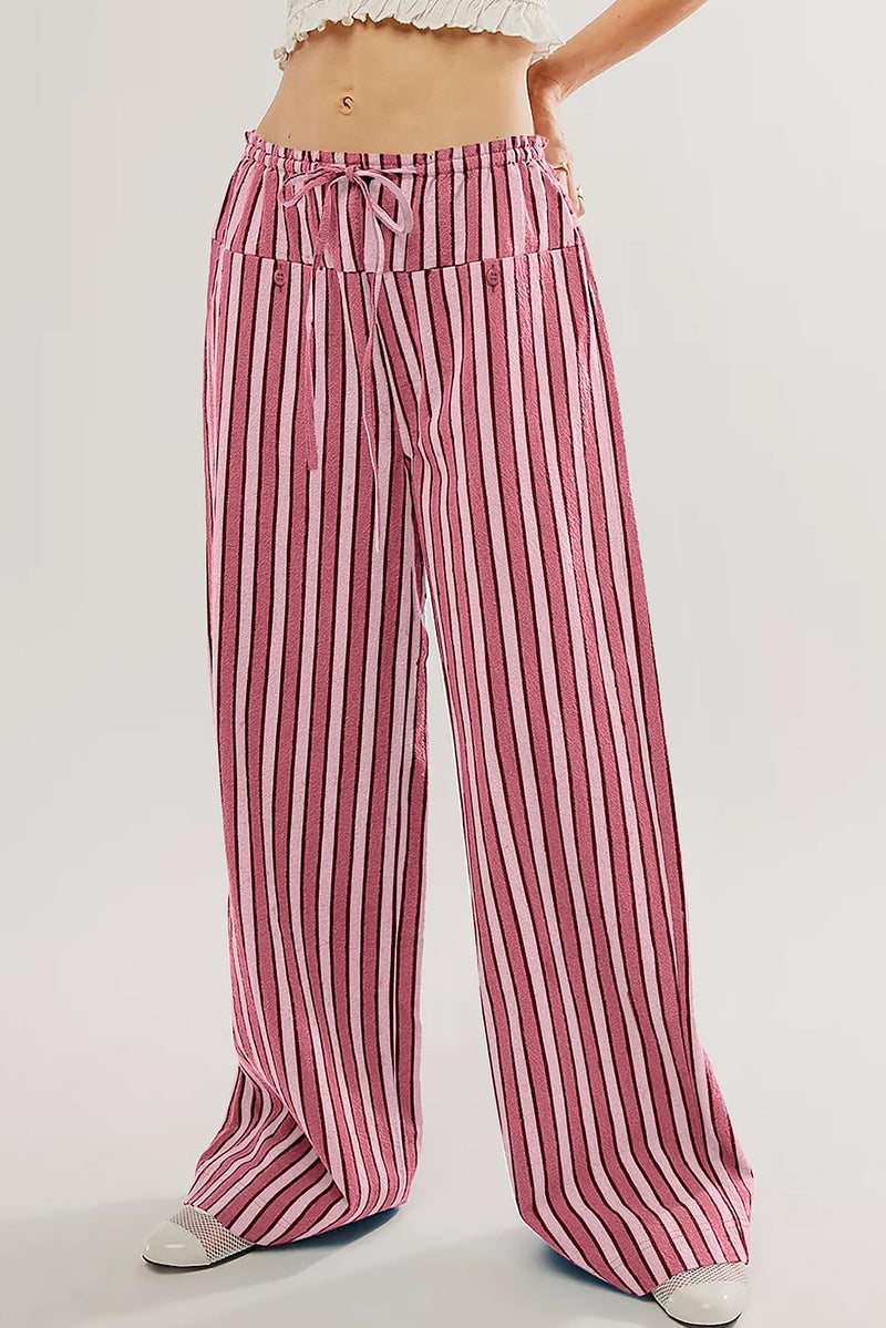 Acelitt Womens Casual Striped Color Block Pants Drawstring Elastic Waist 2026 Winter Fashion Comfy Loose Wide Leg Pants Trousers with Pockets Pink XL - Image 3