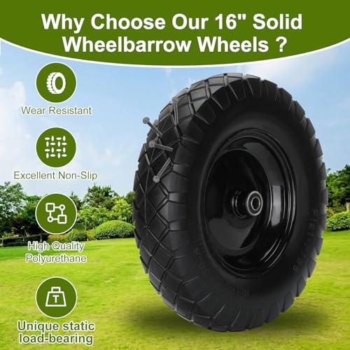 Pontuss Upgraded 16" Flat Free Wheelbarrow Wheels and Tires, 4.80/4.00-8 Solid Wheelbarrow Tires with 5/8"&3/4" Bearings,14"-16" Universal Fit Wheelbarrow Wheels for Wheelbarrows/Garden Trailer - Image 5