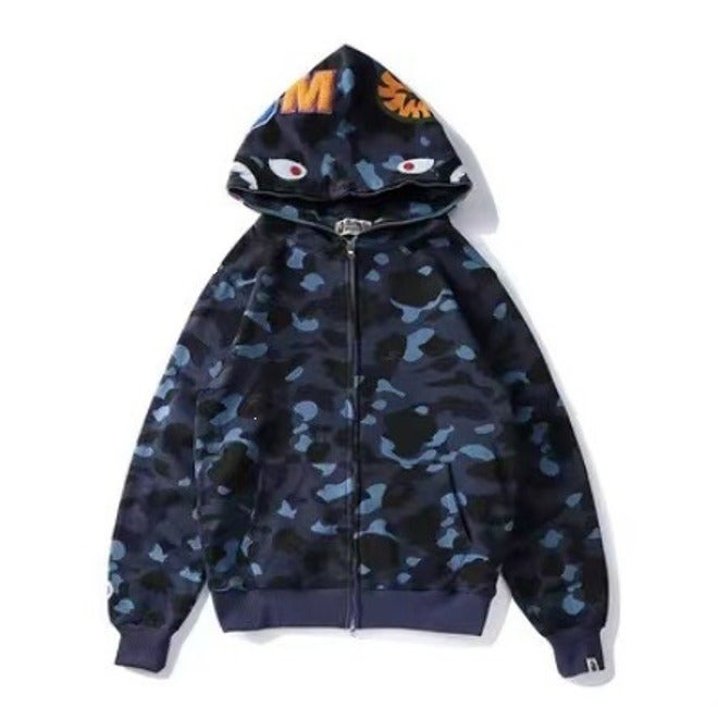 جاكيت كاموفلاج عصري بتصميم مميز من Bape مع طبعة ثلاثية الأبعاد لسمكة القرش، سترة بغطاء رأس وسحاب للرجال والنساء