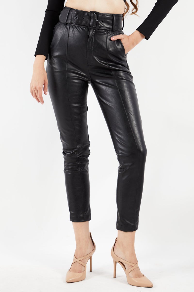 THE KOOPLES Women Solid Leather Belted Pants, Black  - Image 1