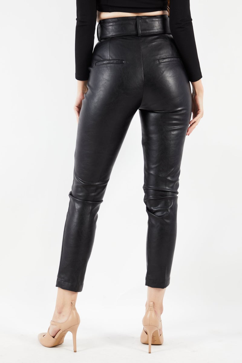 THE KOOPLES Women Solid Leather Belted Pants, Black  - Image 2