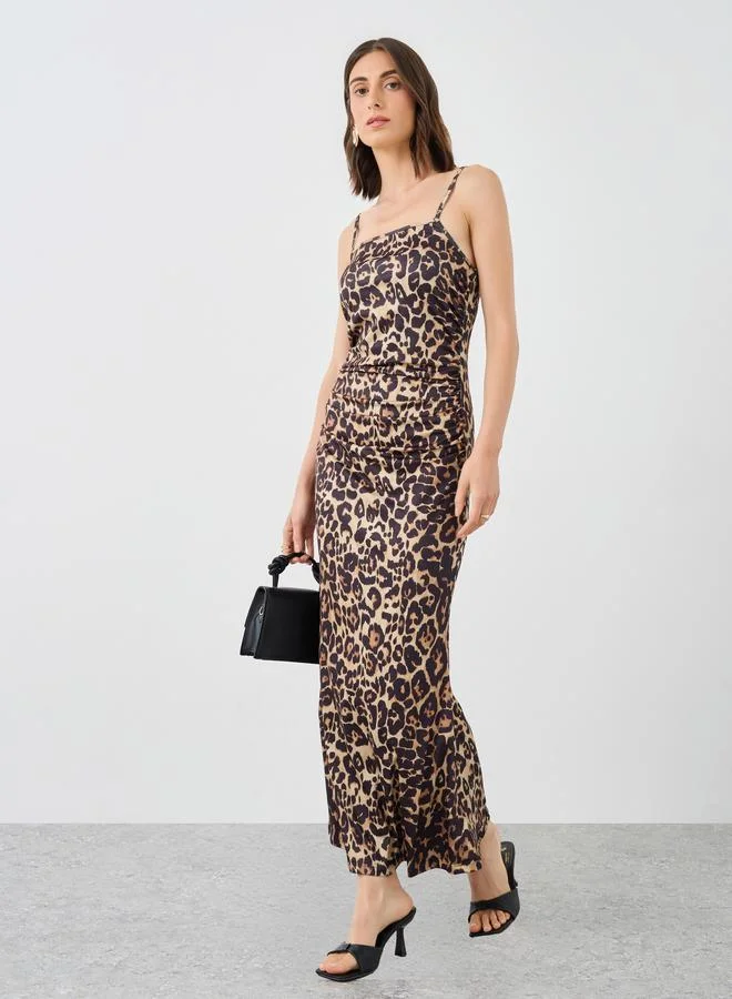 Take Two Take Two Leopard Print Gathered Detail Slip Midi Dress