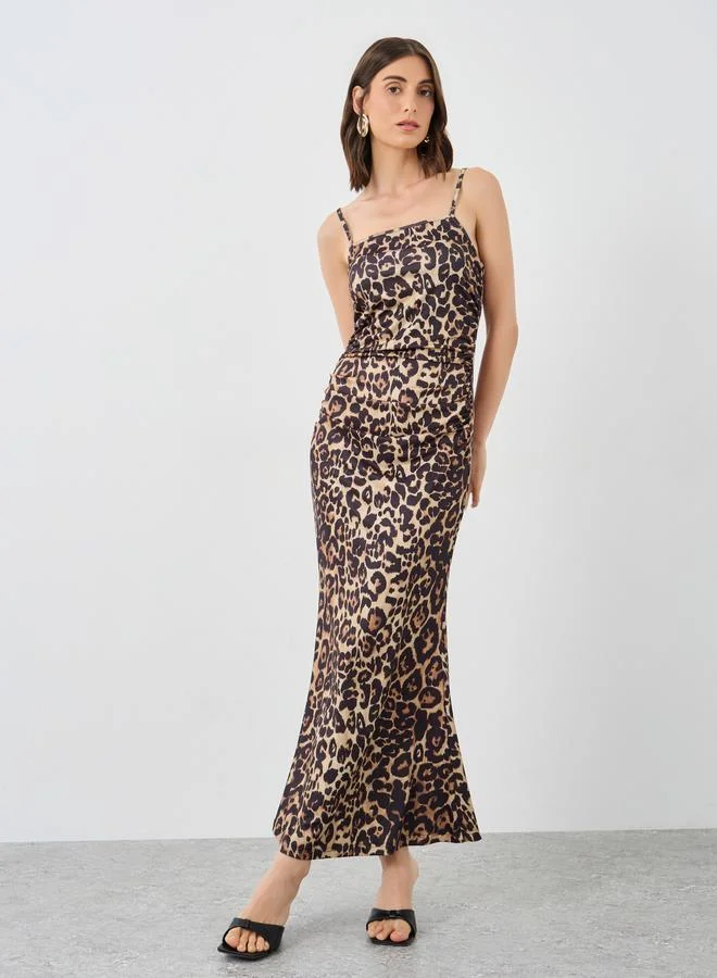 Take Two Take Two Leopard Print Gathered Detail Slip Midi Dress