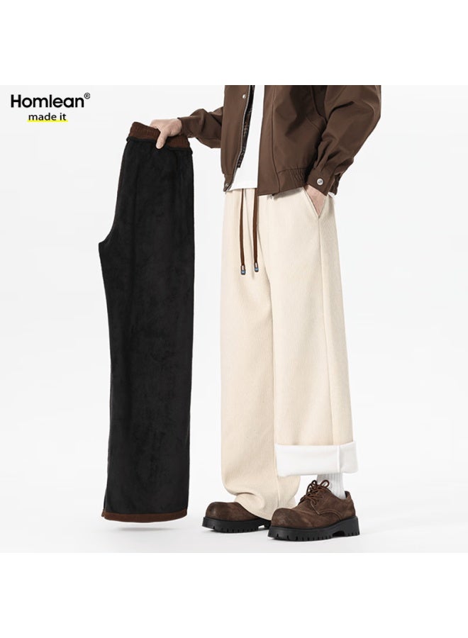 Homlean American Heavyweight Casual Fleece-lined Sweatpants Men Autumn Winter Loose Draped Wide-leg Pants Hb10 Apricot L - Image 1