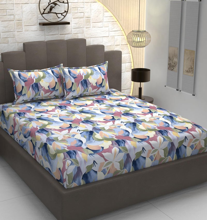 TIB Glace Cotton Elastic Fitted Bedsheets Double Bed 72x78x8 Inches with 2 Pillow Covers, 210TC (Blue Flower) - Image 1