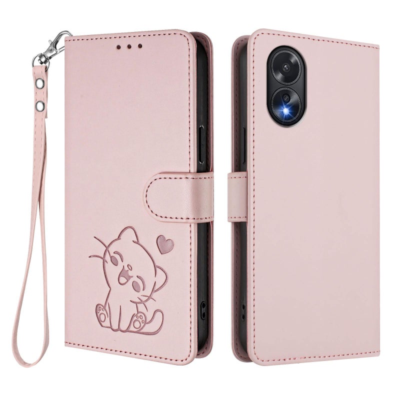 erorex For OPPO A18 4G Global / A38 4G Embossed  Cat Leather Phone Case with Hand Strap(Pink) - Image 2