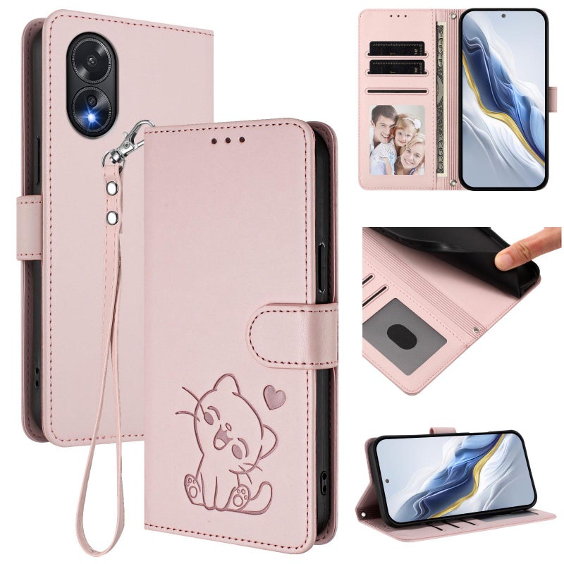 erorex For OPPO A18 4G Global / A38 4G Embossed  Cat Leather Phone Case with Hand Strap(Pink) - Image 1
