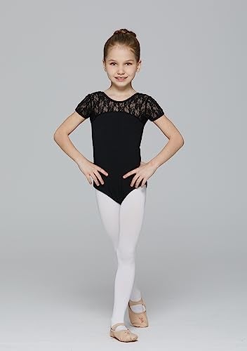 MdnMd Kids Children Girls' Black Lace Leotard for Dance Ballet Gymnastic Bodysuit (Black, Age 6-8) - Image 2
