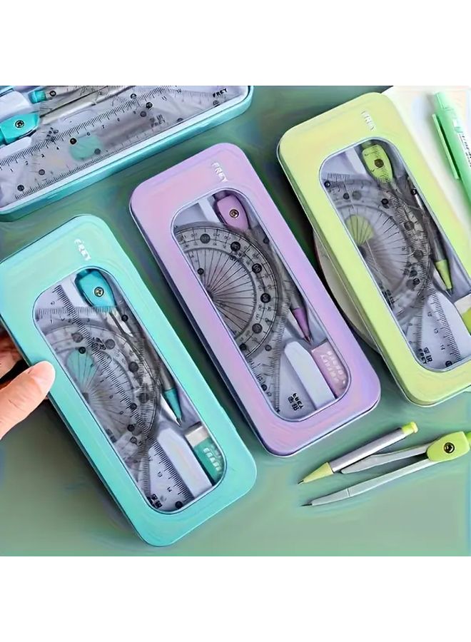 Purple 7 in 1 Durable Measuring and Drawing Tool Set with Compass Protractor Ruler Eraser - Image 1