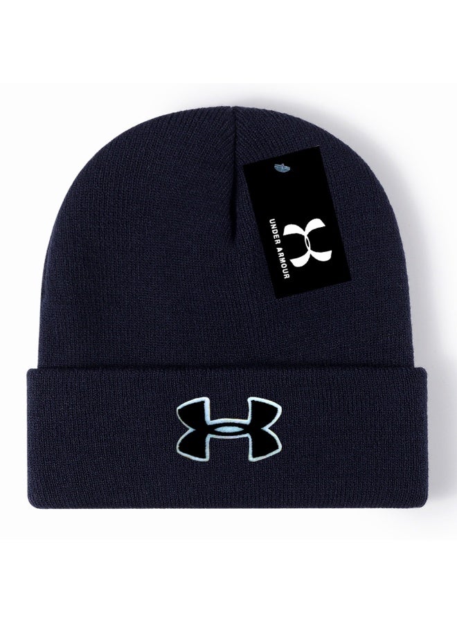 Under Armour Navy Blue Ribbed Knit Beanie (Black & Light Blue Logo)