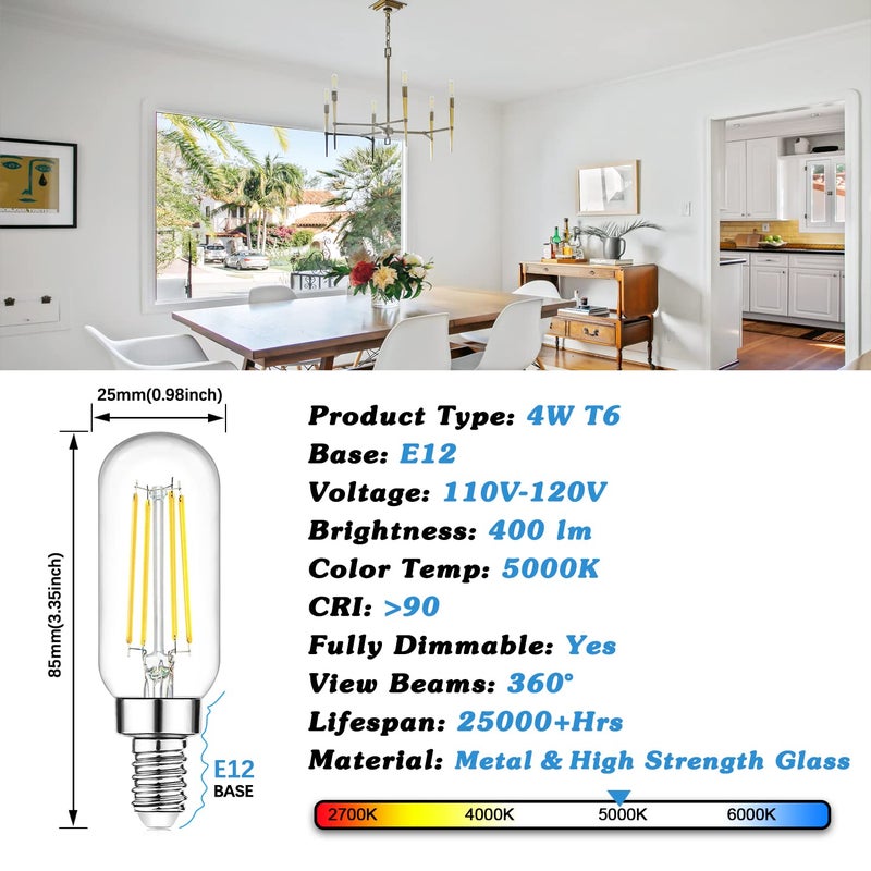 Brightever مصابيح LED E12 بقوة 40 واط مكافئة، مصابيح إيديسون قابلة للتعتيم بقوة 4 واط، مصابيح LED T6 بيضاء ضوء النهار 5000K لمصابيح الثريا ومراوح السقف 400LM، مصابيح صغيرة من الفتيل T25، 6 عبوات - Image 3