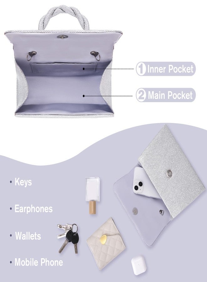 Larcenciel Clutch Purses for Women, Glitter Silver Evening Handbags with Twisted Rope Handles and 2 Removable Chain Straps, Fashion Sequins Ladies Tote Party Bags for Wedding Cocktail Prom Dinner Date - Image 5