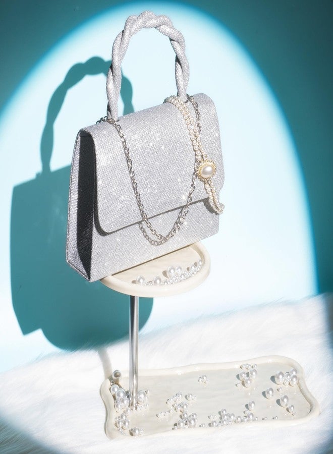 Larcenciel Clutch Purses for Women, Glitter Silver Evening Handbags with Twisted Rope Handles and 2 Removable Chain Straps, Fashion Sequins Ladies Tote Party Bags for Wedding Cocktail Prom Dinner Date - Image 2