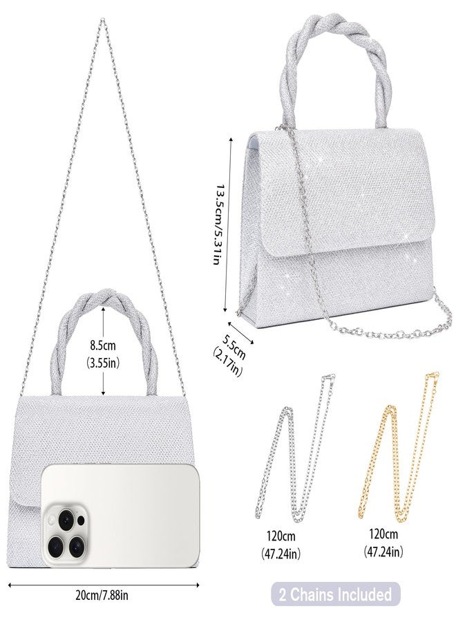 Larcenciel Clutch Purses for Women, Glitter Silver Evening Handbags with Twisted Rope Handles and 2 Removable Chain Straps, Fashion Sequins Ladies Tote Party Bags for Wedding Cocktail Prom Dinner Date - Image 4