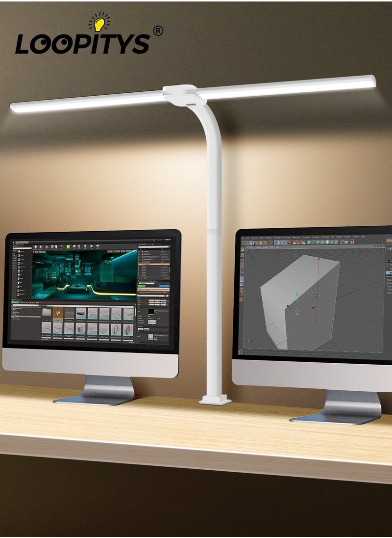 LOOPITYS LED Desk Lamp for Home Office, Double Head LED Desk Lamp with Clamp, Eye Protection Architect Table Lamps, 18W 80CM Brightest 5 Color Modes and Dimmable Workbench Office Light for Reading  - Image 1