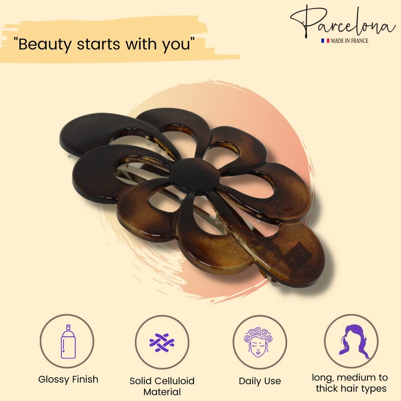 Parcelona French Wide Flower 4" Medium Tortoise Shell Celluloid Hair Barrette Clips Non Slip Women Hair Accessories, Made in France - Image 2