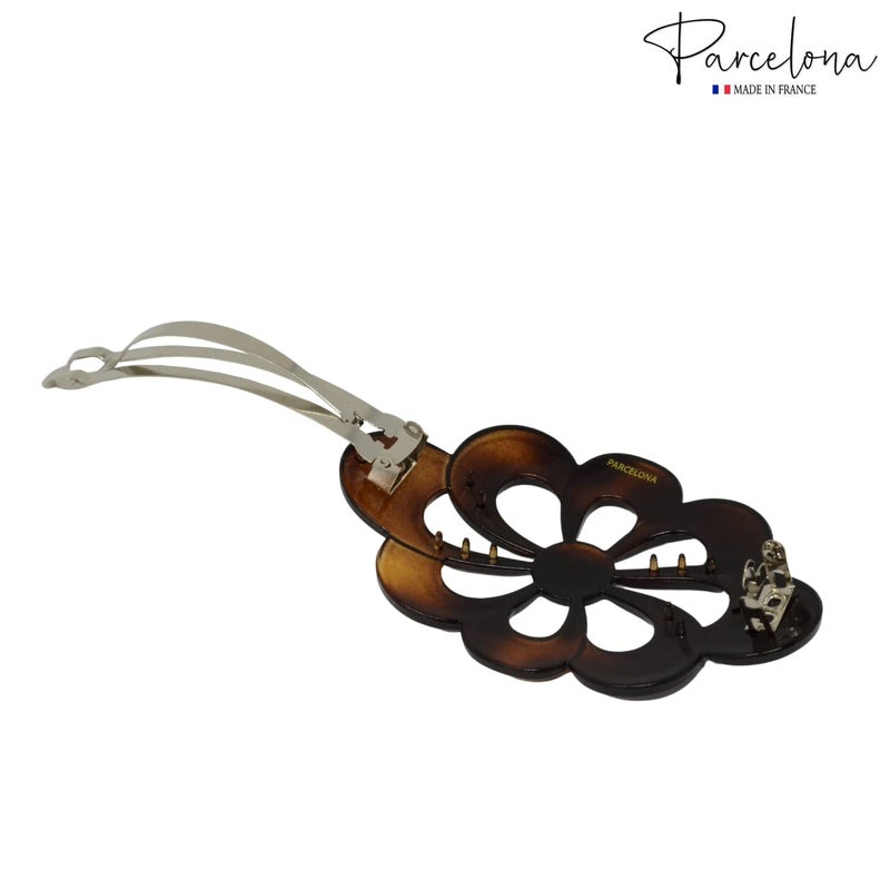 Parcelona French Wide Flower 4" Medium Tortoise Shell Celluloid Hair Barrette Clips Non Slip Women Hair Accessories, Made in France - Image 4